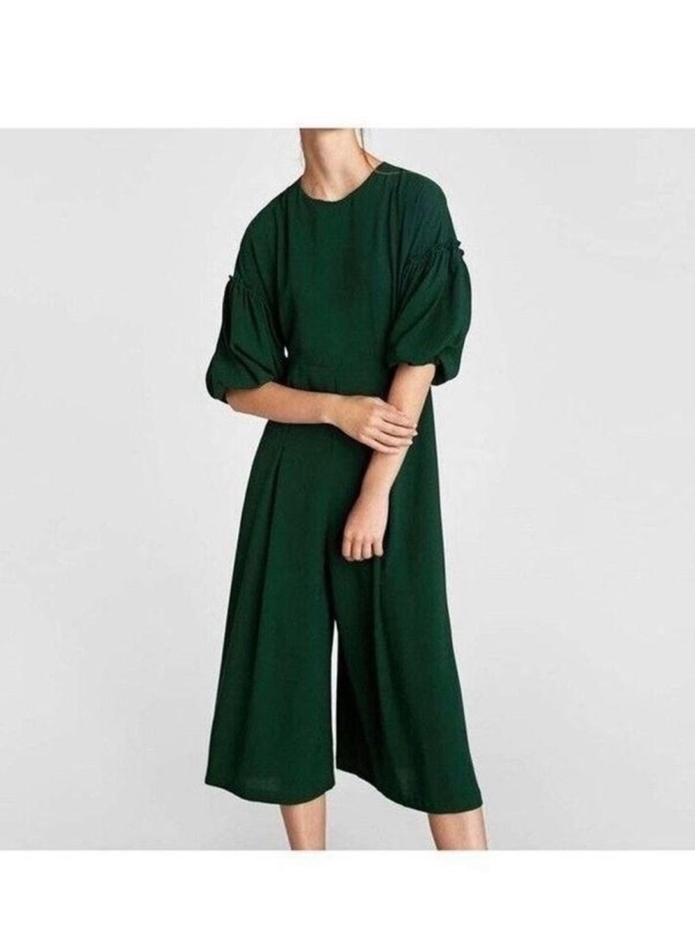 Zara Emerald Green Puff-Sleeve Wide-Leg Jumpsuit